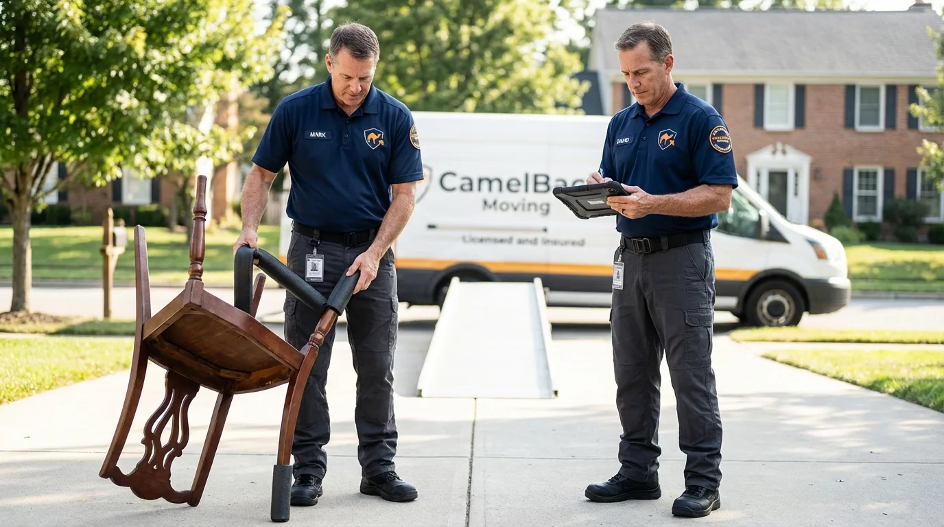 Movers inspecting furniture for damage prevention before loading in Church Rock, NM
