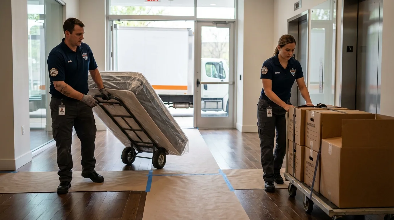 Professional apartment movers loading elevator in Church Rock, NM