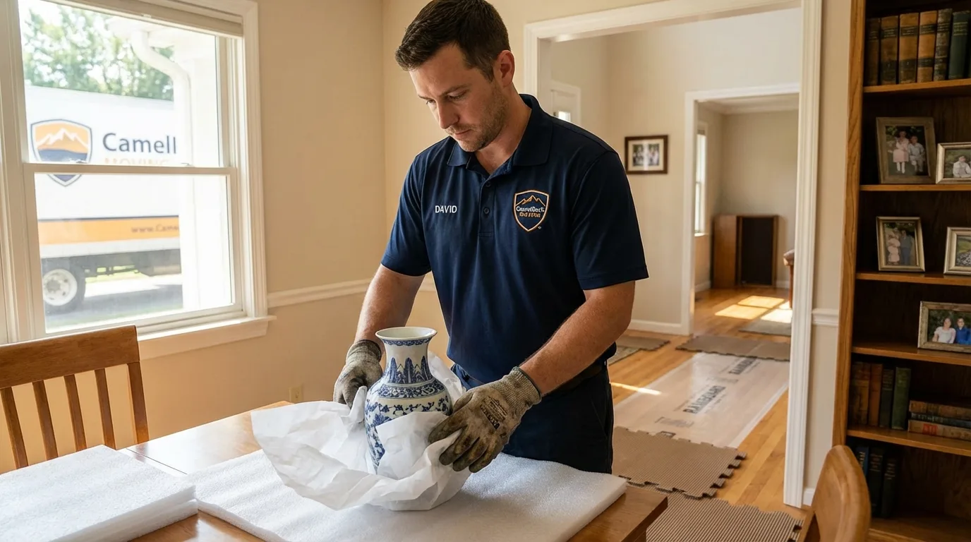Professional crew carefully wrapping antique vase for senior downsizing move in Church Rock, NM